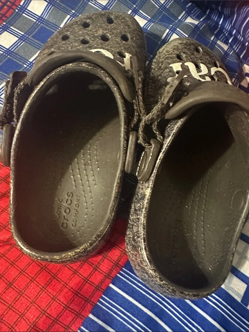 CROCS Kids Brown and Gray Felt Clogs with Playful Lettering